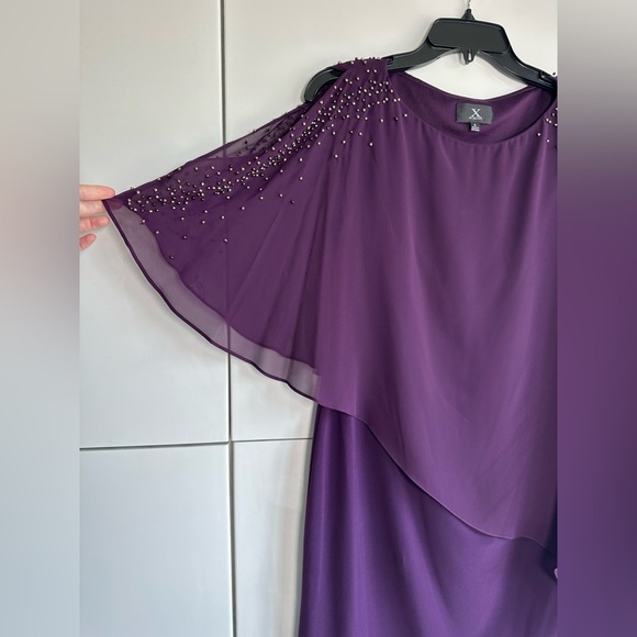 X by Xscape Purple Formal Gown Gold Beading Size 6 Sheer Cape Poncho - Picture 2 of 8